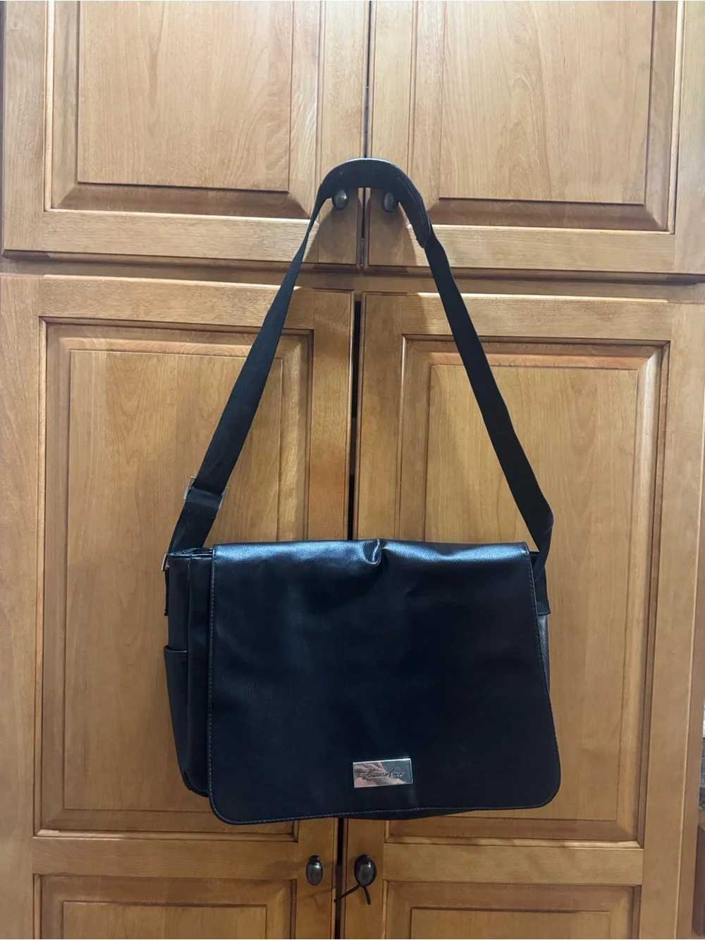 Kenneth Cole Black Faux Leather Messenger Bag with Adjustable Strap